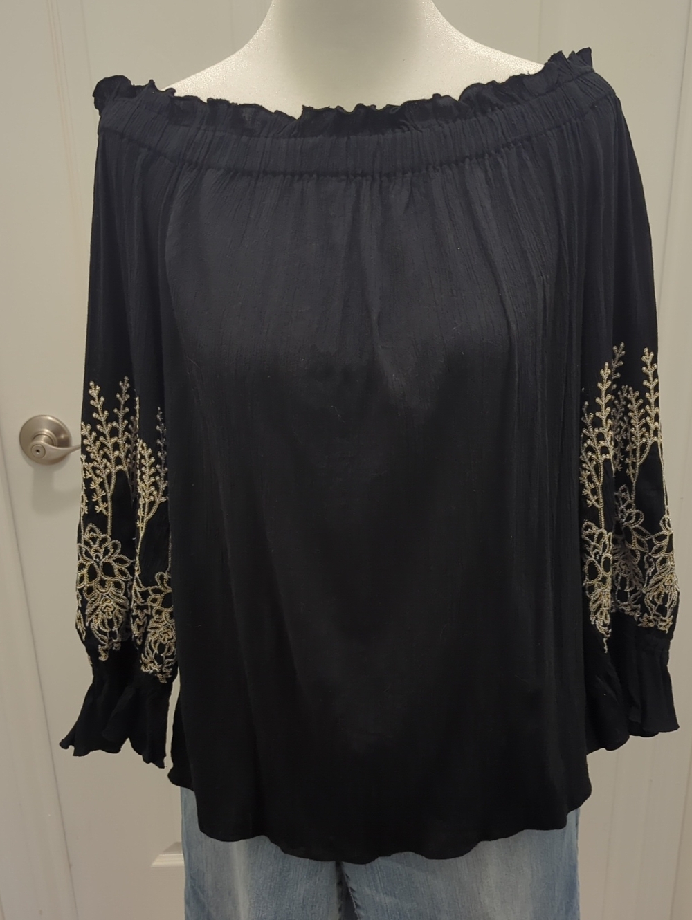 INC International Concepts Black Off-Shoulder Top with Cream Embroidery